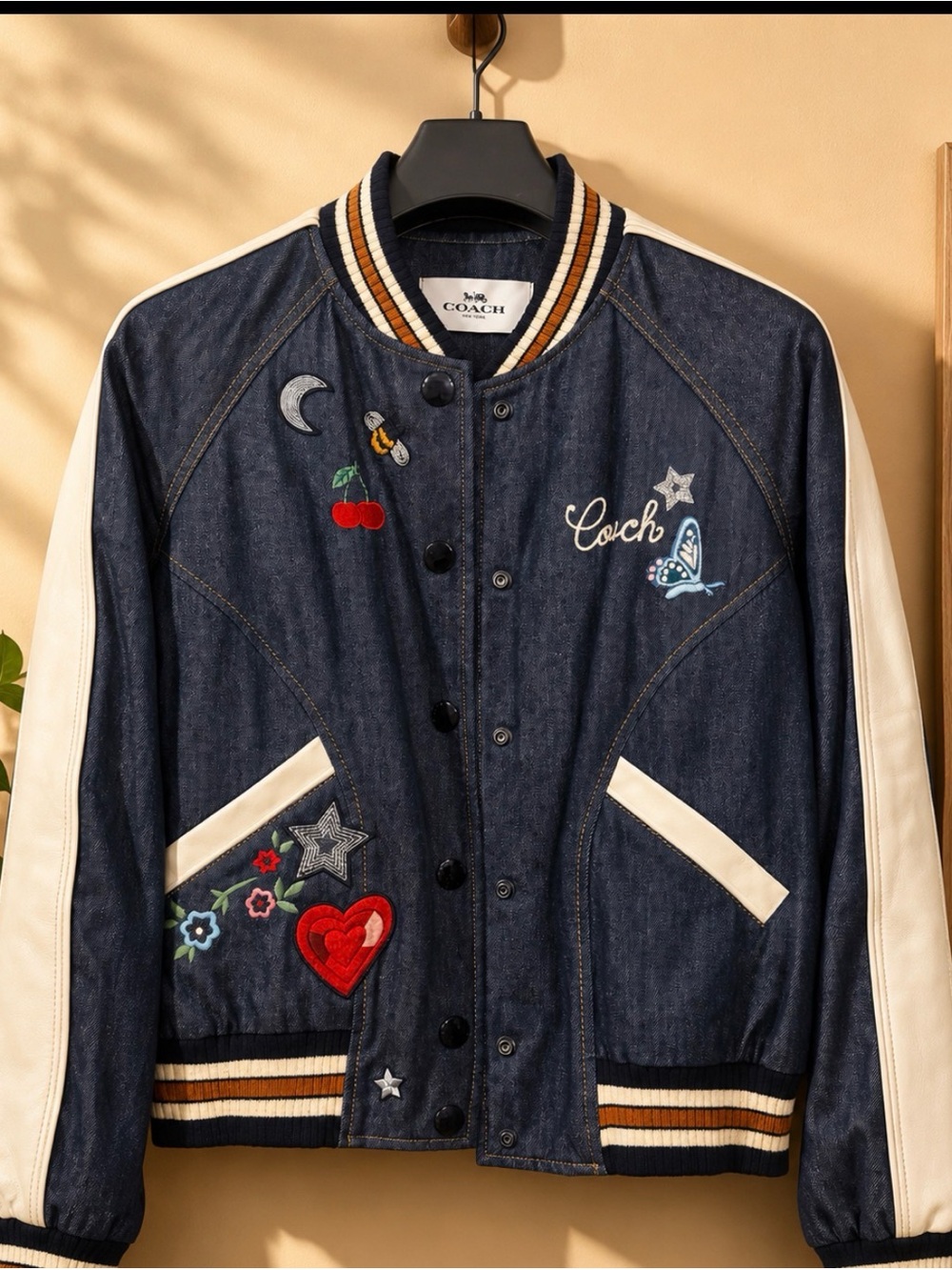 Coach Embroidered Denim Bomber Jacket in Navy and Ivory